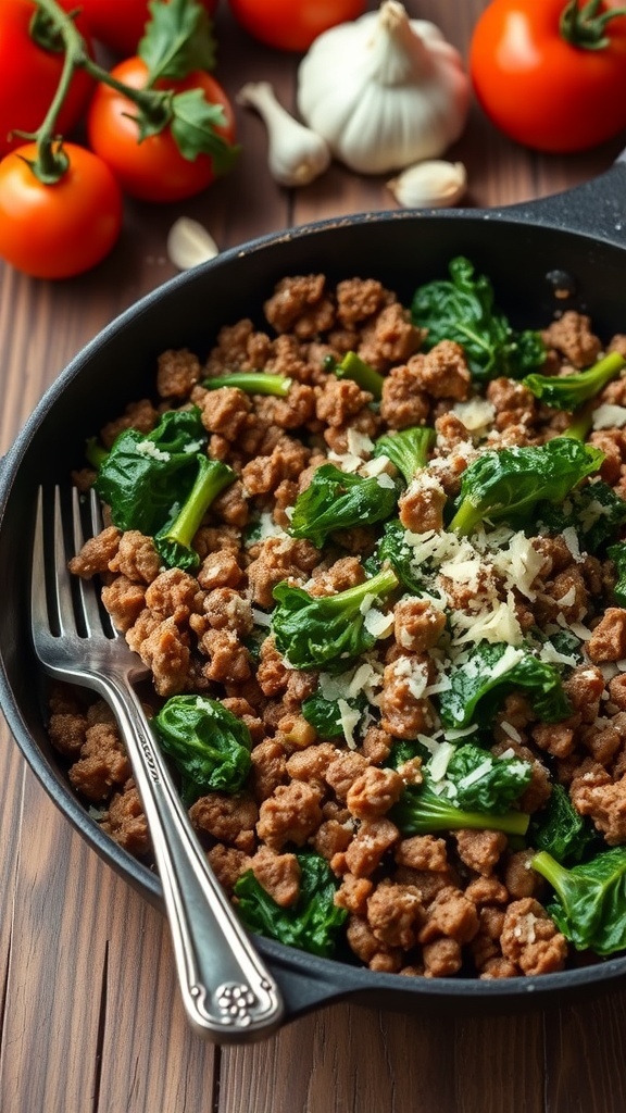 A skillet of ground beef and kale garnished with Parmesan cheese on a wooden table.